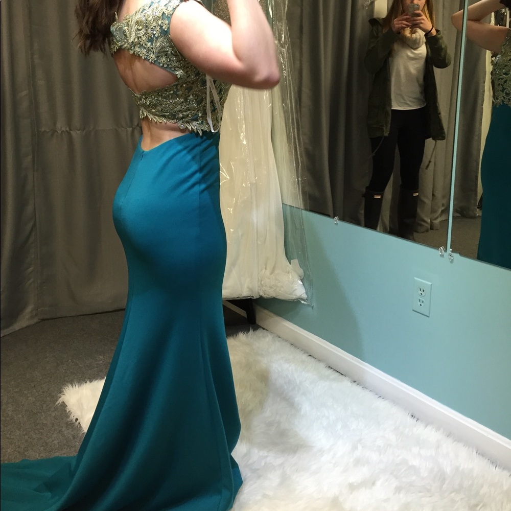 teal and gold prom dress